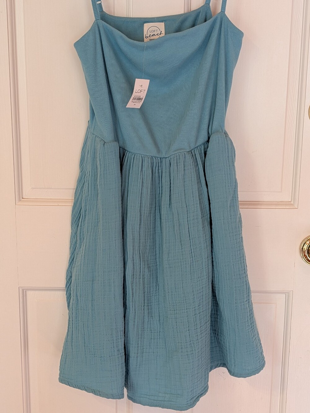 NWT LOFT BEACH Triple Cloth Mixed Media Mini Pocket Dress Aqua Sz M